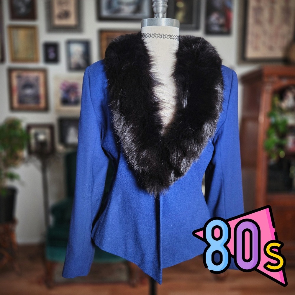 Vintage 80s Jacobson's Women's Blue Wool Blazer with‎ Black Fox Fur Collar